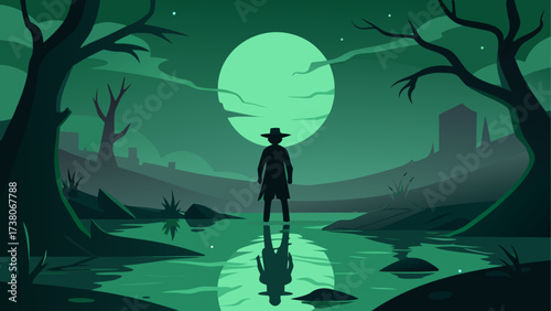 Silhouette figure in swamp under moonlight