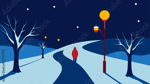 Winter night walk under the street light