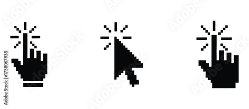 Three pixelated cursor icons showing hand and arrow for clicking on a white isolated background