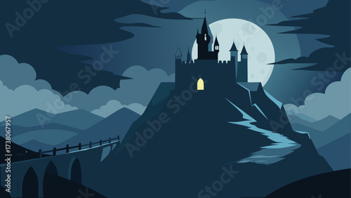 Castle on a hill under the moonlight sky