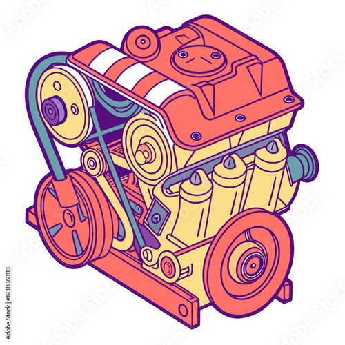 Colorful isometric car engine illustration motor automobile engine