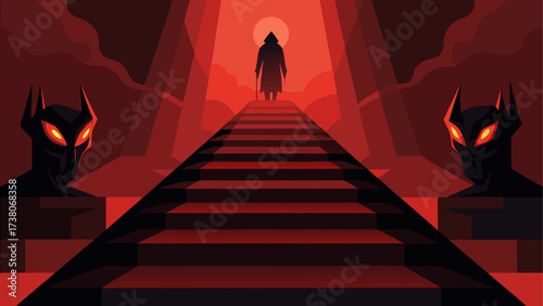 Figure walking up stairs with demon statues