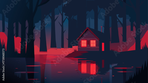 Cabin in the woods reflected on the lake