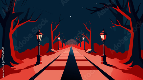 A path lit by lamps in the dark of night