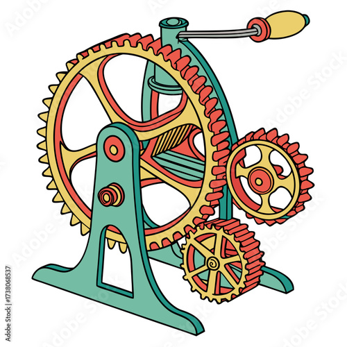 Colorful mechanical gears and crank on white background
