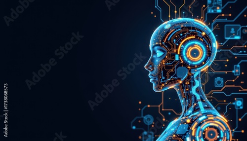 Wallpaper Mural Futuristic Digital Human Head with Circuitry and Data Icons Torontodigital.ca