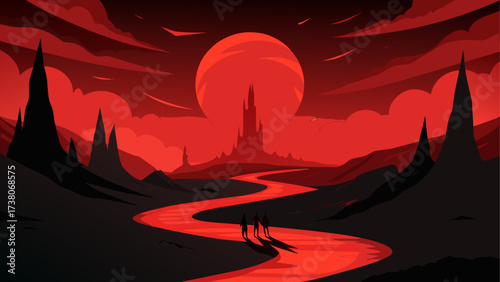 Blood red landscape with distant figures