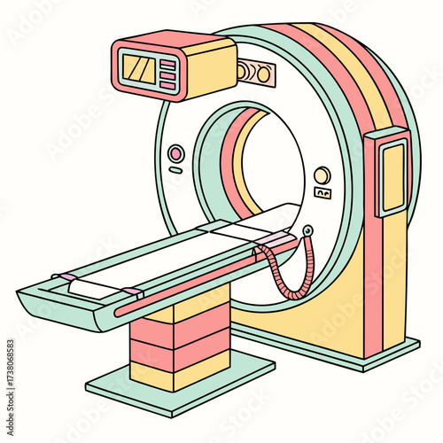 Colorful medical scanner with patient bed and screen