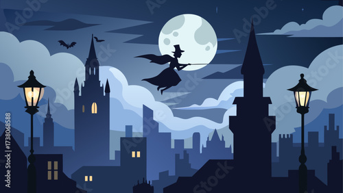Silhouette witch flying over city night