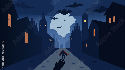 Superhero walking in a halloween city night