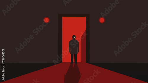 Silhouette man standing in red doorway