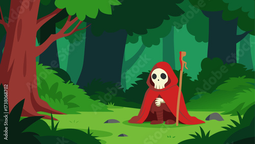 Grim reaper sitting in a green forest