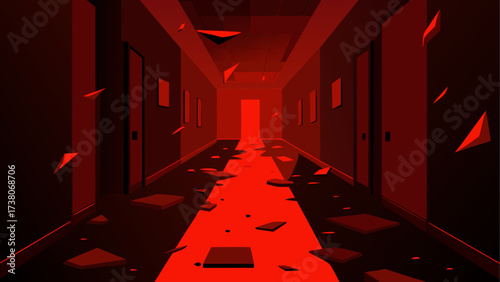 Red hallway with scattered geometric shapes