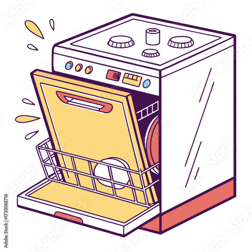 Colorful open dishwasher with yellow rack and dishes