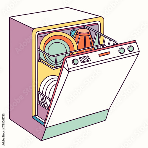 Colorful open dishwasher with dishes inside vector