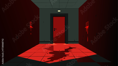Red illuminated hallway with a closed door