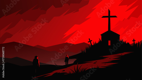 Silhouette church and figures in red sky