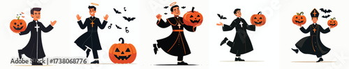 vector of a man in a priest costume dancing at a Halloween celebration