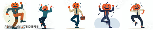 vector of a man in a pumpkin head costume dancing at a Halloween celebration