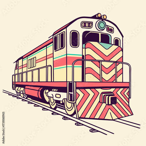 Colorful retro diesel locomotive on tracks vector train