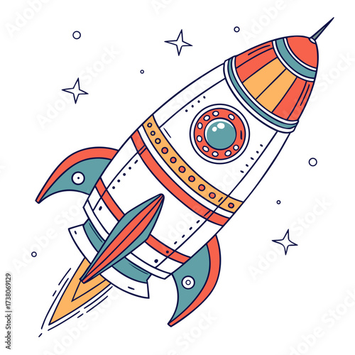Colorful retro rocket ship with fins and stars spaceship