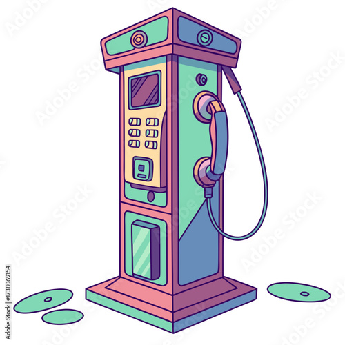 Colorful retro payphone with green blue and pink telephone