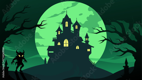 Silhouette haunted house under moon light