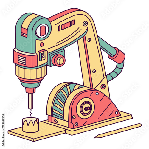 Colorful robotic arm drilling a cylindrical object