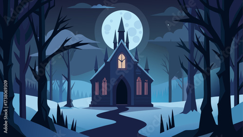 Haunted house under a full moon at night