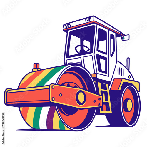 Colorful road roller machine illustration with rainbow stripes