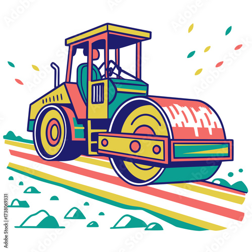 Colorful road roller machine on striped ground construction