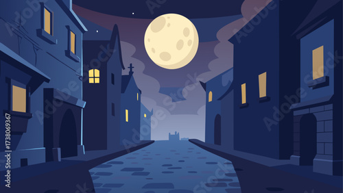 Nighttime town street with a full moon up