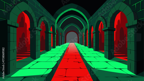 A dark corridor with arches and red light