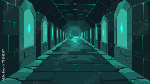 Illustration of a long stone brick hallway