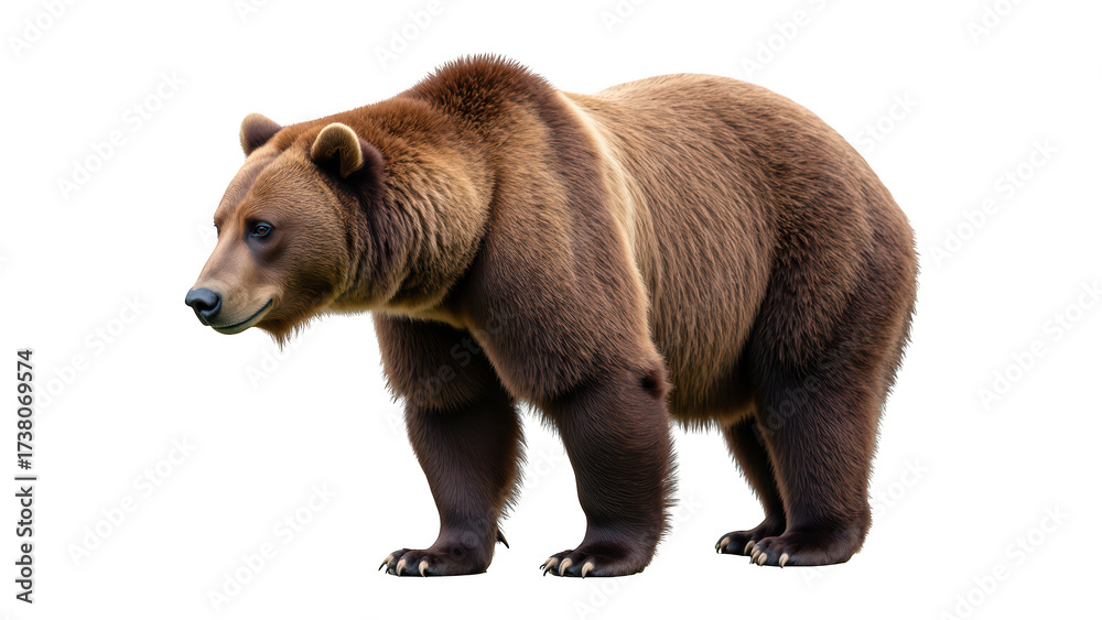 Fototapeta premium Realistic brown bear stands majestically, showcasing its thick fur and powerful build. This animal embodies strength and grace in nature
