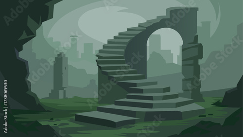 Stone staircase in a foggy landscape view