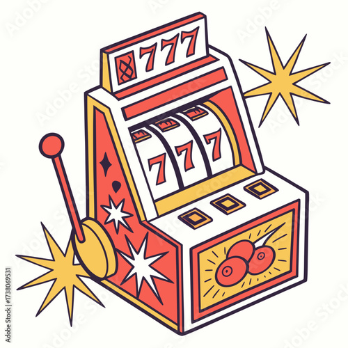 Colorful slot machine with 777 symbols and starbursts