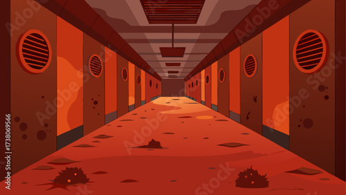 Long red corridor with ventilation panels