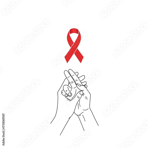 Red ribbon symbol above hands representing awareness and support for HIV AIDS.