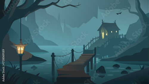 A house on a hill near the dark water
