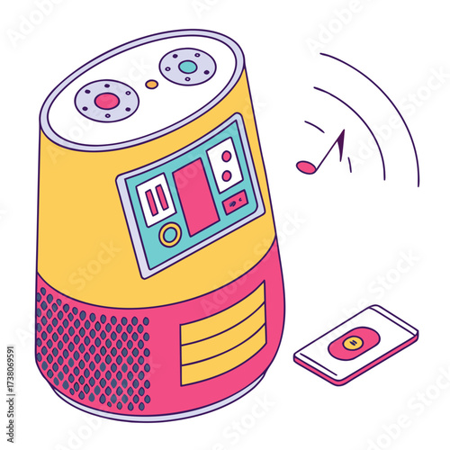 Colorful smart speaker with music notes and phone voice assistant