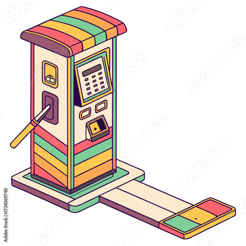 Colorful striped ticket machine with keypad and slot