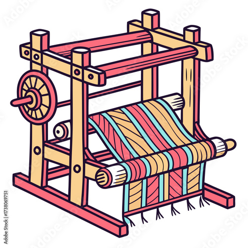 Colorful textile weaving loom with striped fabric craft