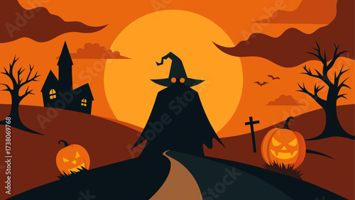 Halloween night with witch and pumpkins