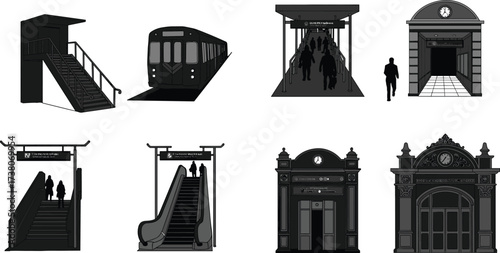 Black and white subway station vector illustrations with trains, entrances, staircases, escalators, architecture, transport, people, signage, and urban design