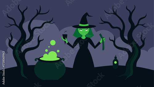 A witch brews potion in dark halloween night