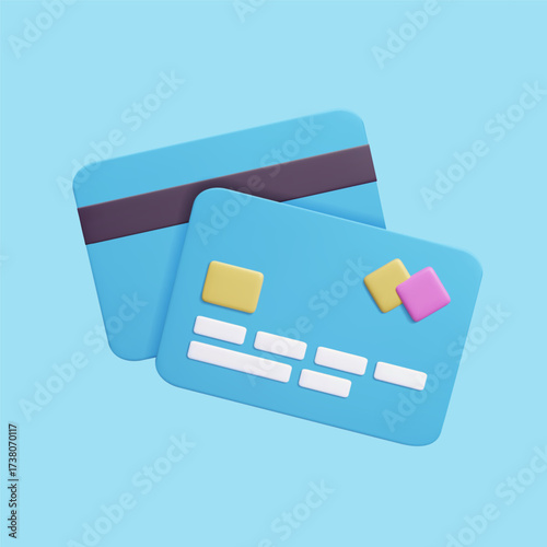 Blue 3D credit card vector render illustration. Contactless payment, safe secure transaction, e commerce, online banking concept. Digital electronic money finance. 3D render.
