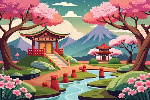 Japanese Landscape with Temples Cherry Blossoms Serene River and Distant Mountains