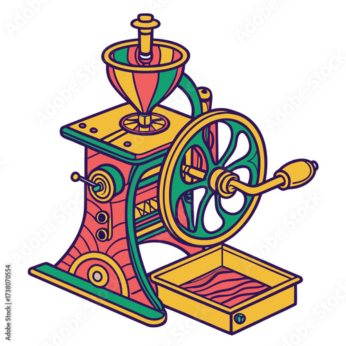 Colorful vintage coffee grinder with crank and drawer