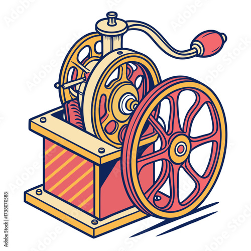 Colorful vintage machine with crank and wheels mechanical